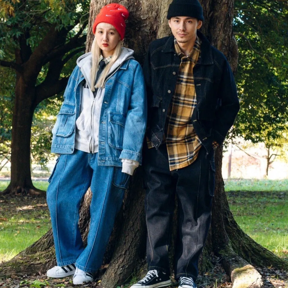 denim cargo tapered pants