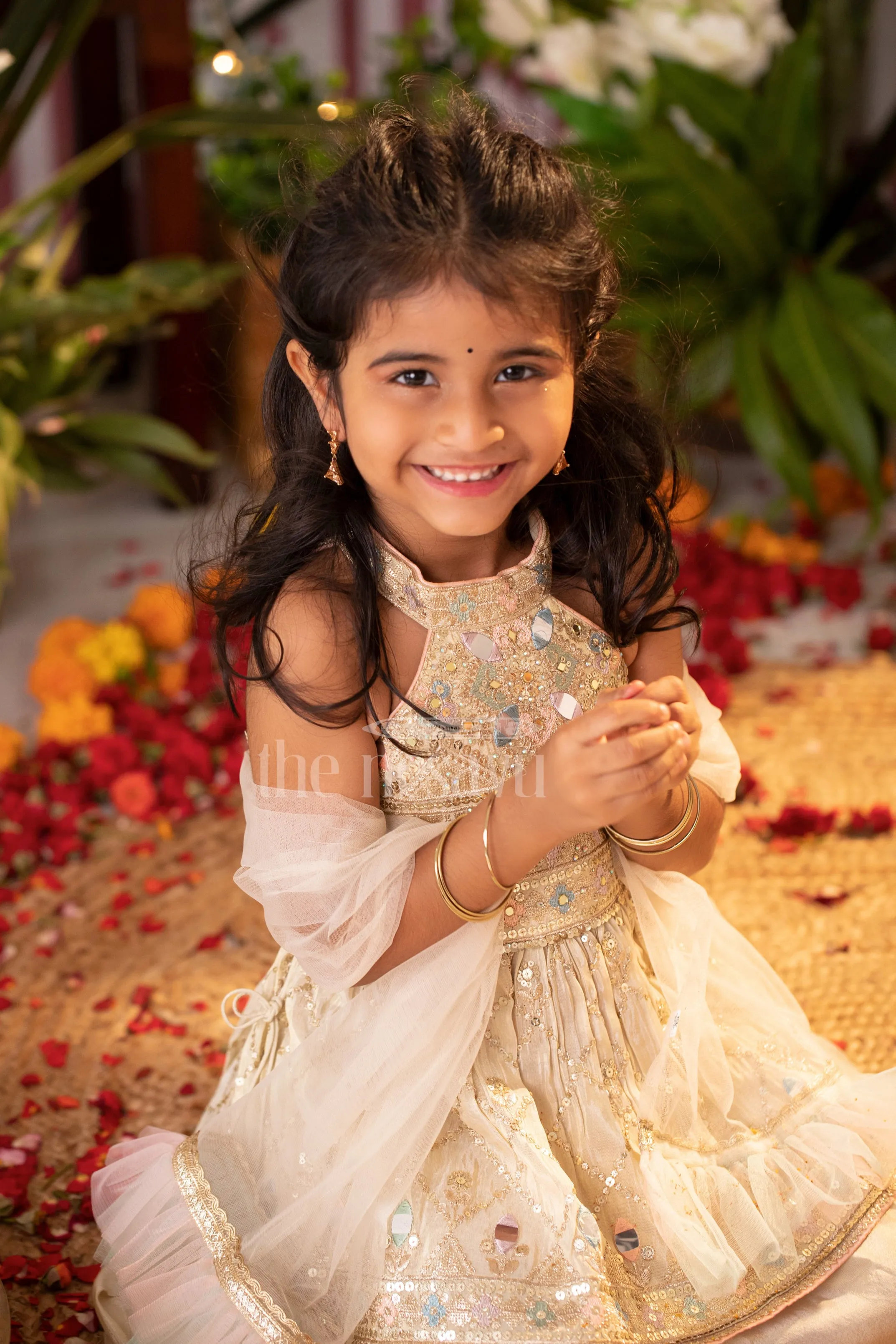 Girls Sharara Set in Pastel with Peplum Top and Mirrorwork Embellishments