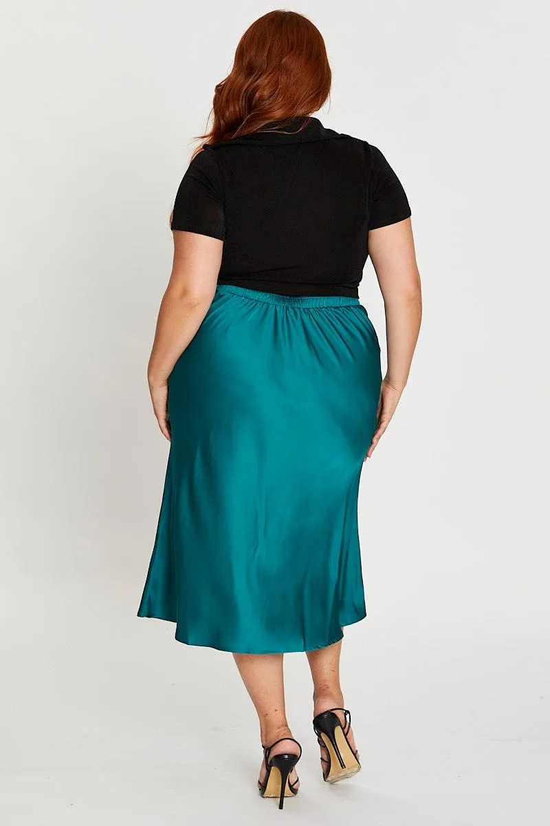 Green Midi Satin Skirt Elastic Waist