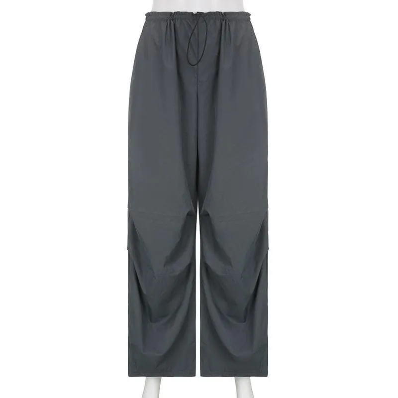 High rise solid drawstring pocket wide leg cargo pant