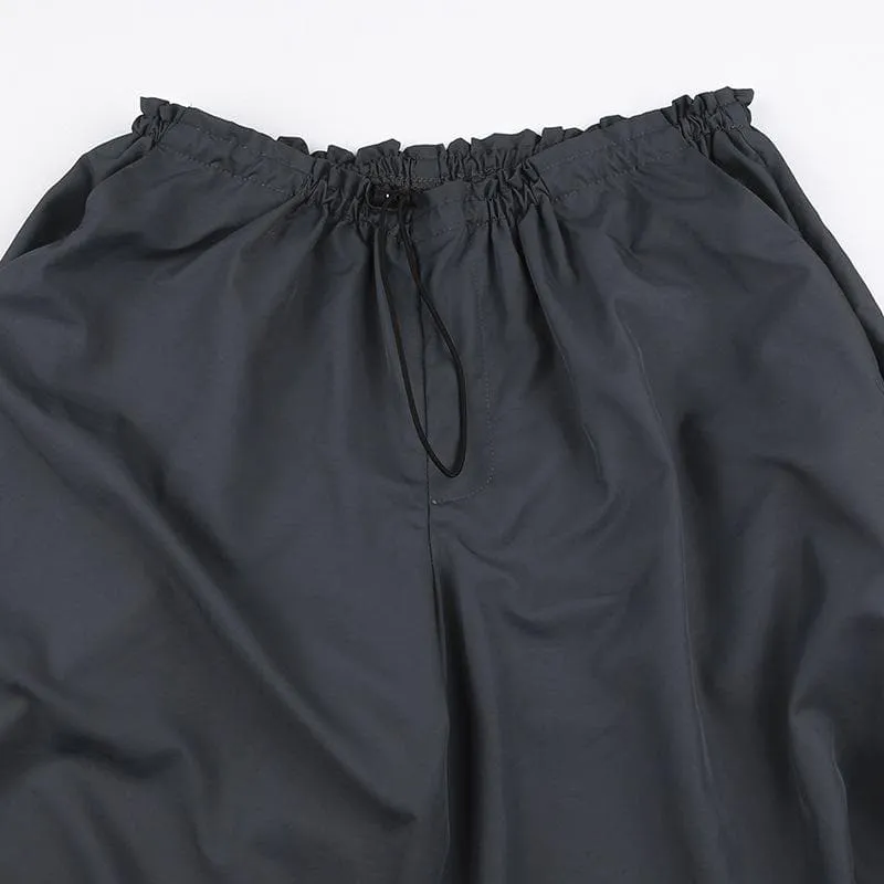 High rise solid drawstring pocket wide leg cargo pant