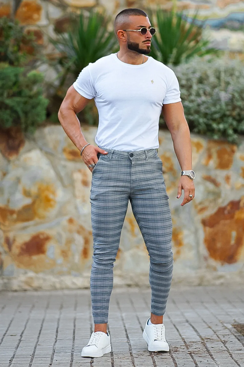 Men's Grey Plaid Chino Pants