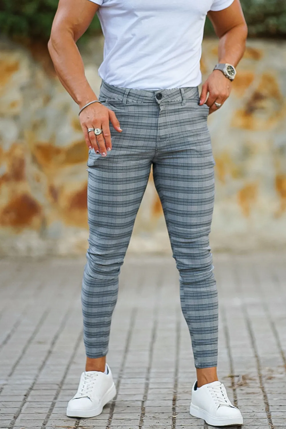 Men's Grey Plaid Chino Pants