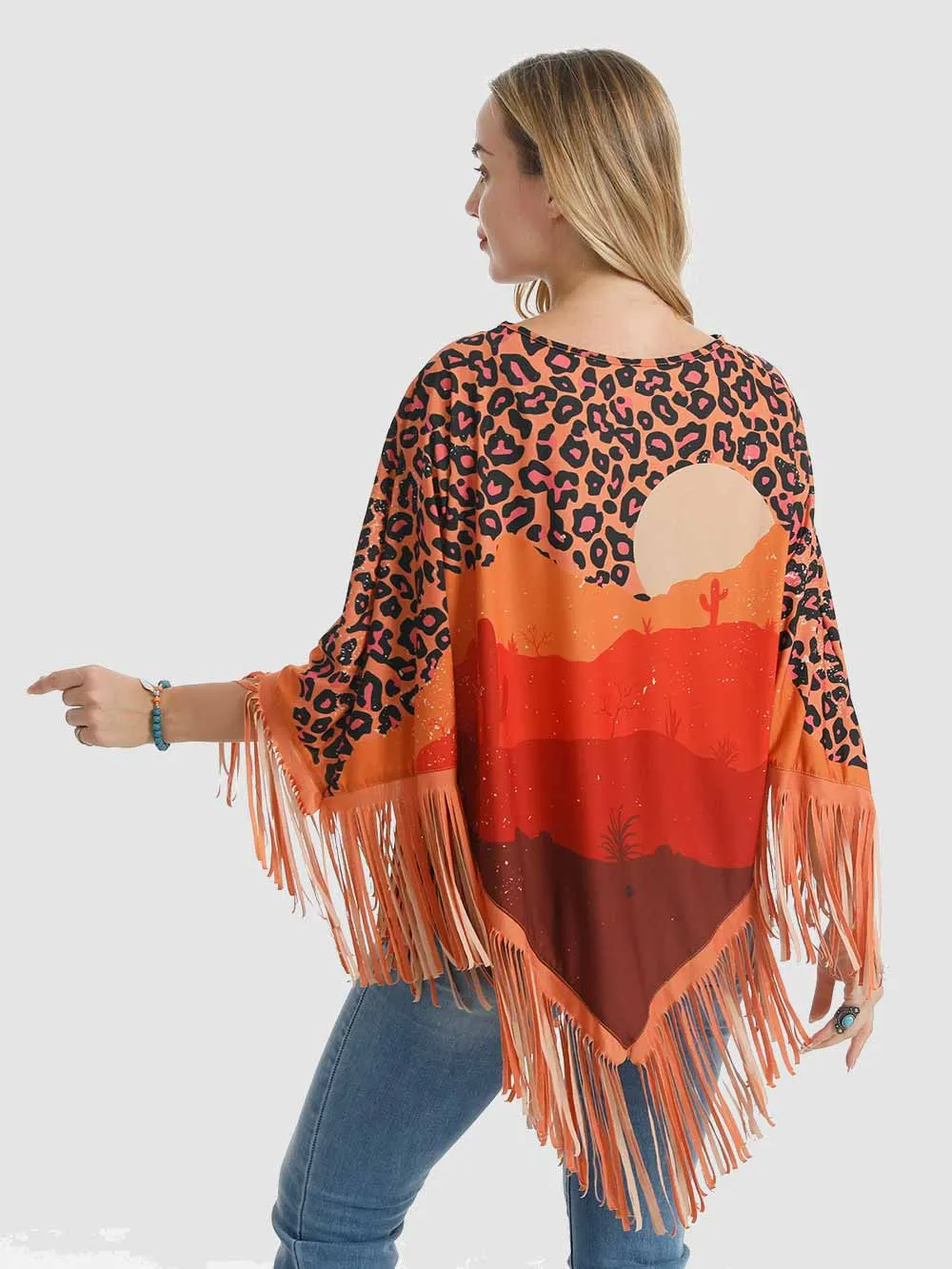 Montana West Orange Desert Sunset Print Fringe Poncho