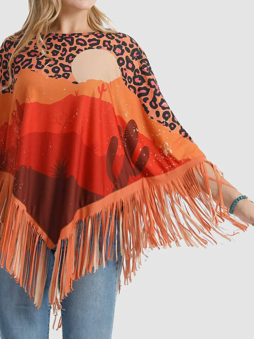 Montana West Orange Desert Sunset Print Fringe Poncho