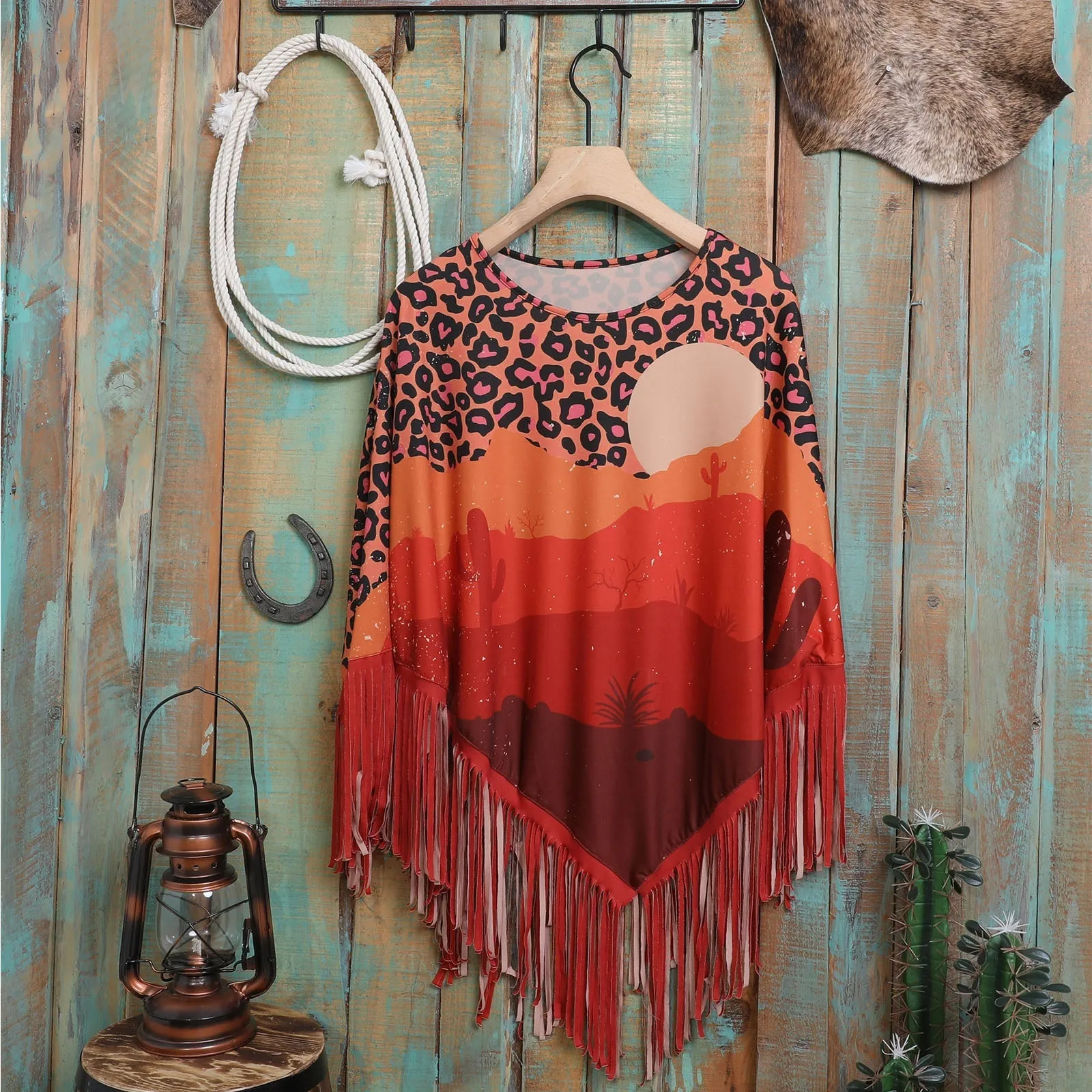 Montana West Orange Desert Sunset Print Fringe Poncho