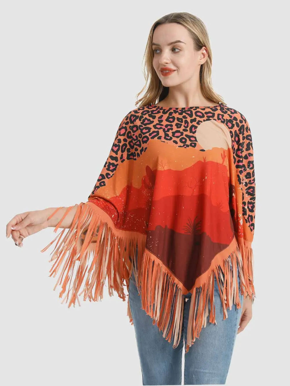 Montana West Orange Desert Sunset Print Fringe Poncho