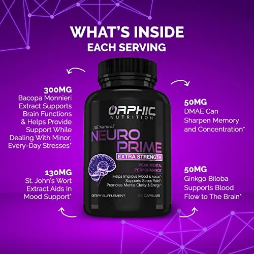 Neuro Prime Brain Booster Supplement - Memory, Focus, Alertness, Clarity & Concentration - Mental Performance Nootropic* - Ginkgo Biloba, St. Johns Wort, DMAE, L-Carnitine, Bacopa Monnieri Extract