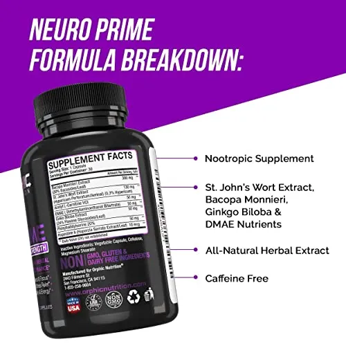 Neuro Prime Brain Booster Supplement - Memory, Focus, Alertness, Clarity & Concentration - Mental Performance Nootropic* - Ginkgo Biloba, St. Johns Wort, DMAE, L-Carnitine, Bacopa Monnieri Extract