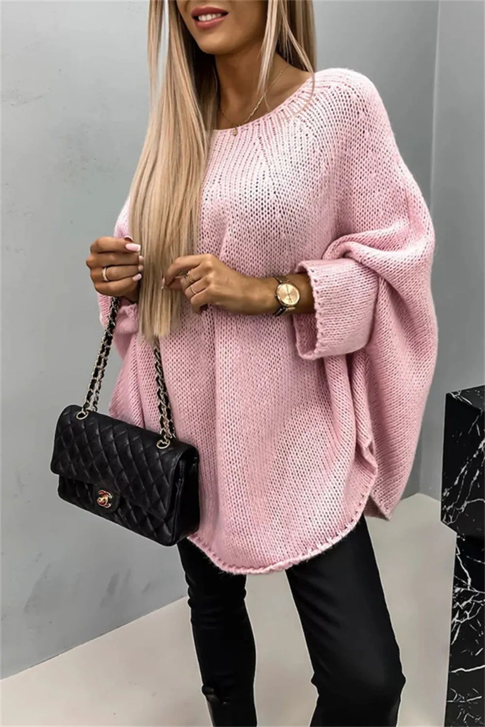 Oversized Knit Top Batwing Baggy Long Pullover Sweater Poncho Shirt Round Neck