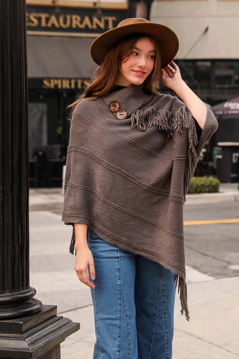 Turtle Neck Poncho With Fringe