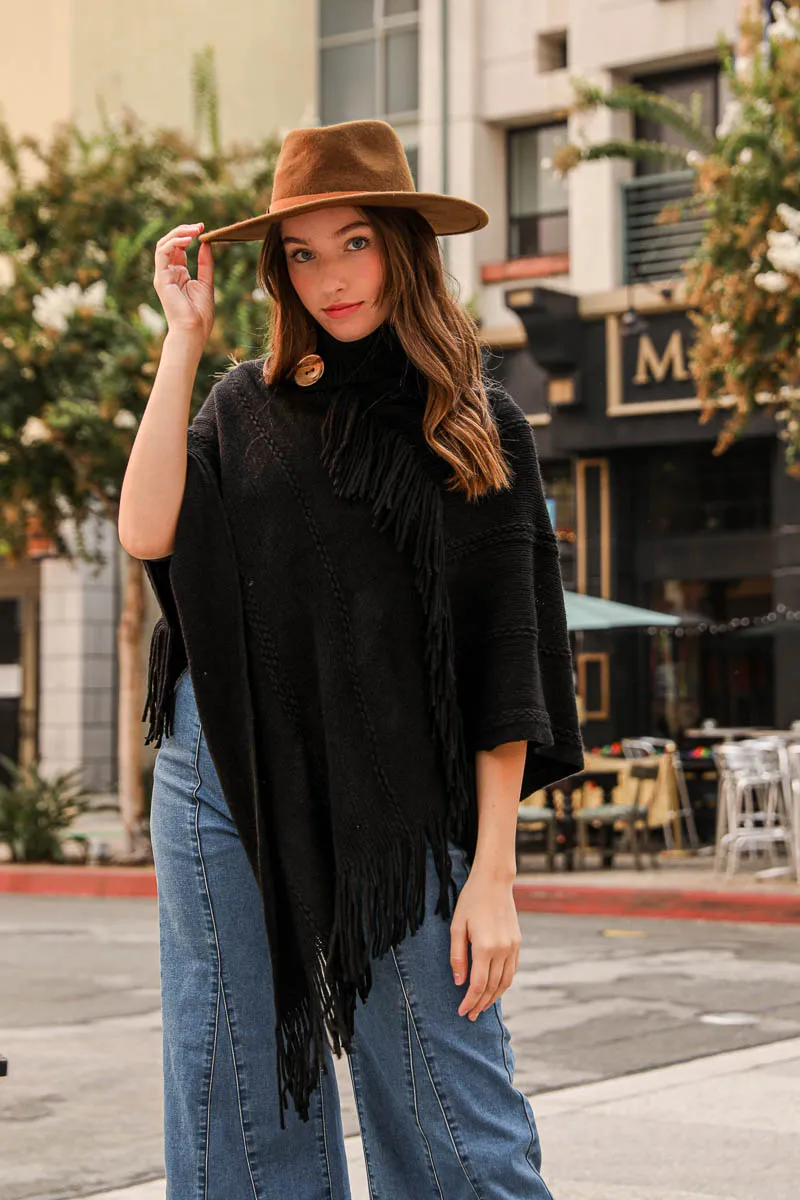 Turtle Neck Poncho With Fringe