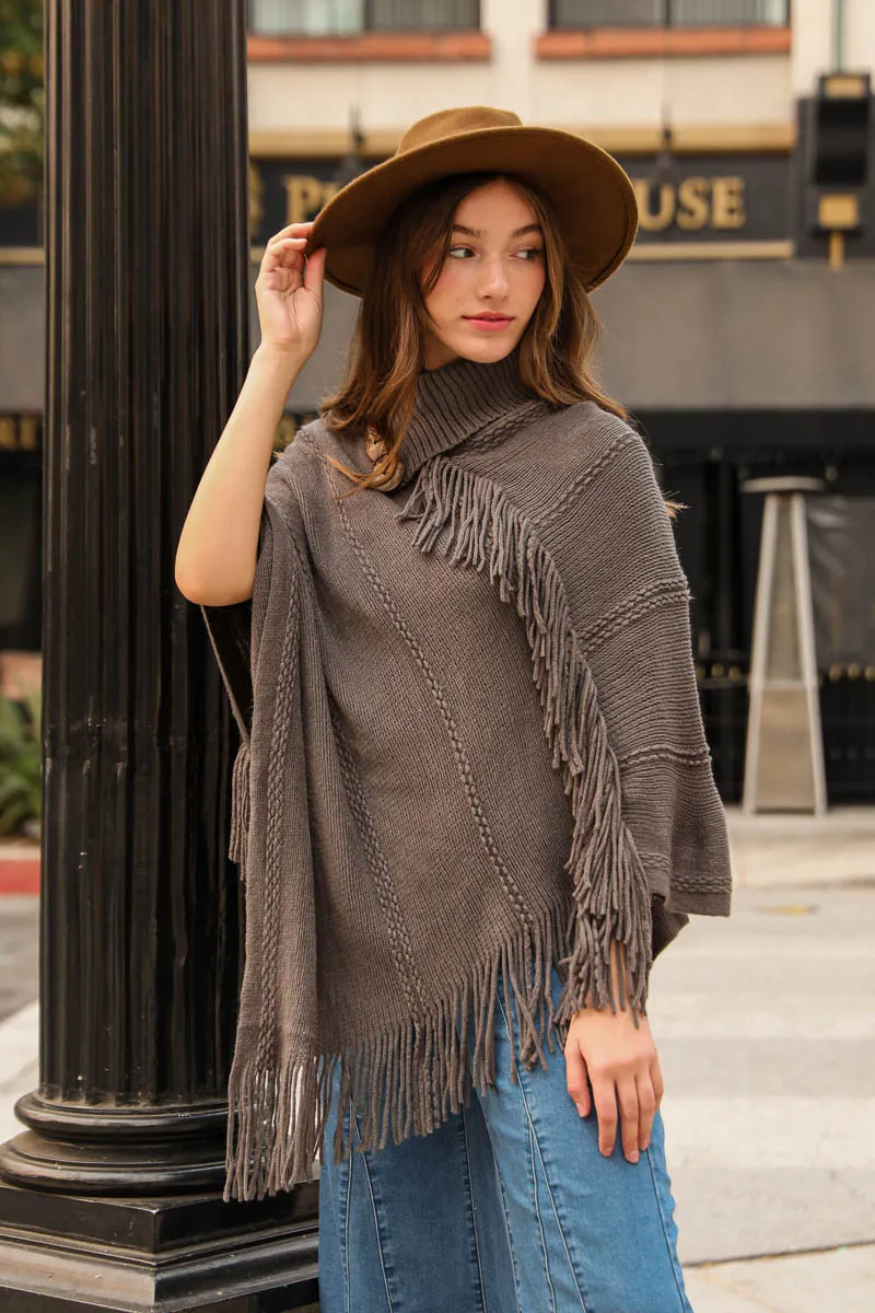 Turtle Neck Poncho With Fringe