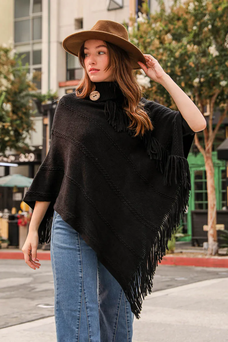 Turtle Neck Poncho With Fringe
