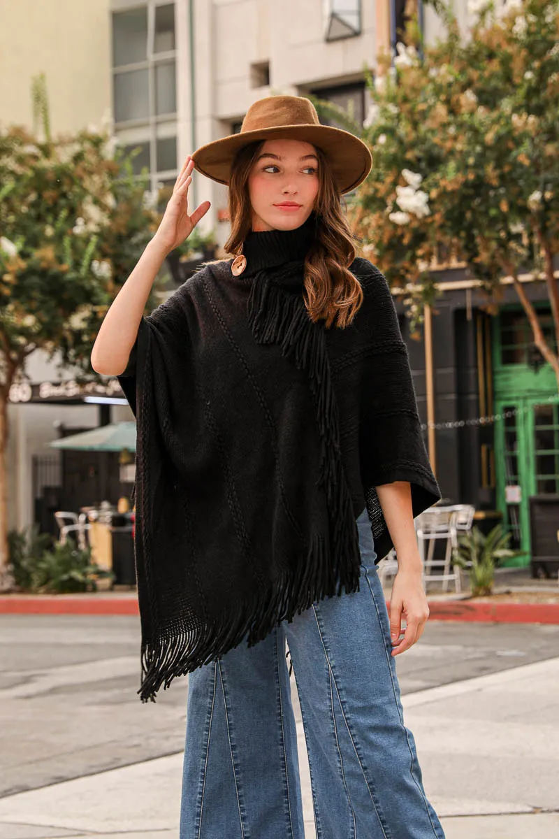 Turtle Neck Poncho With Fringe