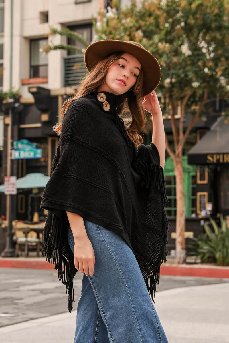 Turtle Neck Poncho With Fringe