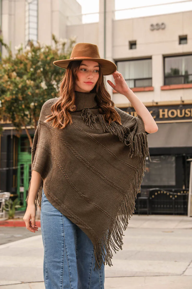 Turtle Neck Poncho With Fringe