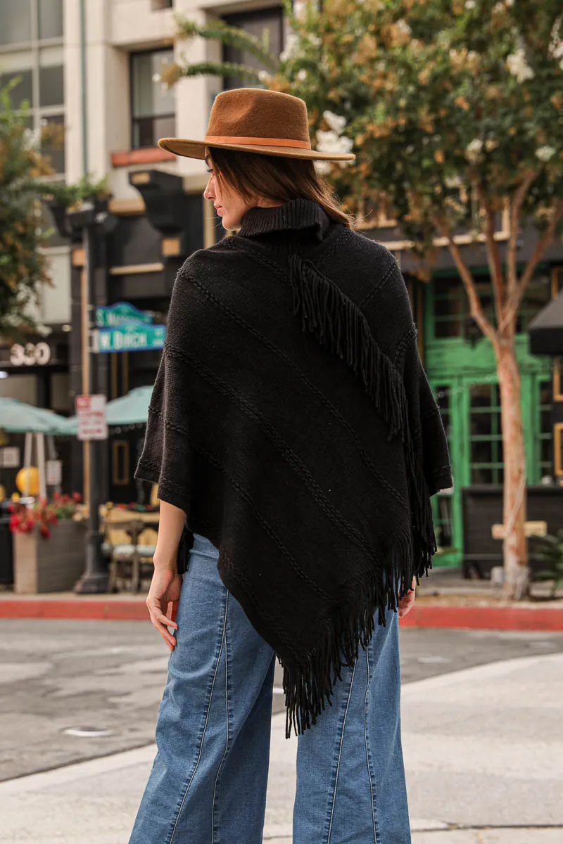 Turtle Neck Poncho With Fringe