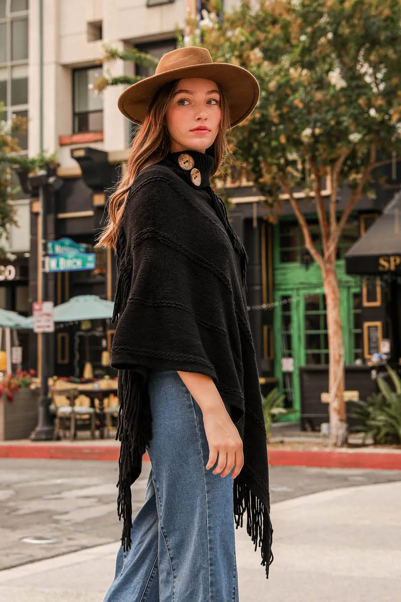 Turtle Neck Poncho With Fringe